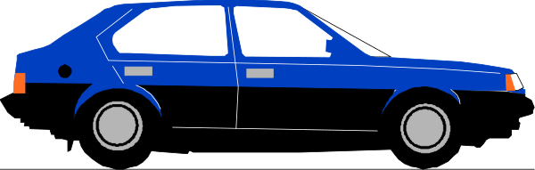 The image shows a blue car parked next to an orange cone on a gray road with white lines marking lanes.
