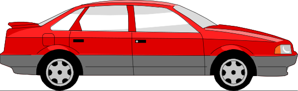The image shows a red car with its doors open parked next to another identical vehicle on what appears to be an overcast day in front of buildings that could suggest it's located near water due to their reflection, but no people or animals can be seen within this small clip-art illustration.