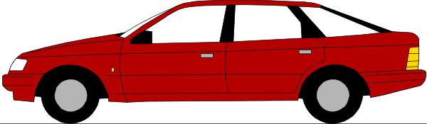 The image shows a red car driving on an empty road with no other vehicles visible.