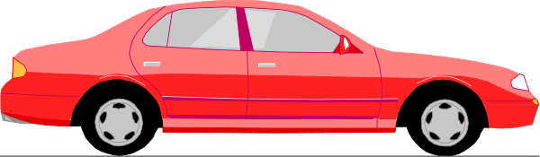 The image shows two cars on a road with no visible textures; there is an older red car to the left of another vehicle that appears to be in motion towards it from behind.