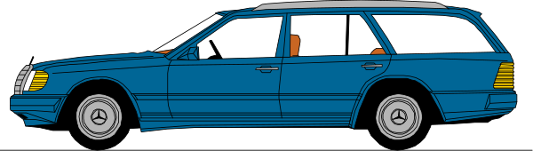 The image shows a blue car with an open trunk parked next to it on the side of a road at nighttime.