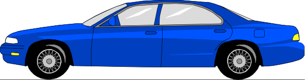 The image shows a blue car driving on an empty road with no other vehicles visible around it.