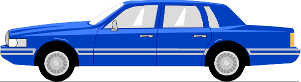 The image shows a blue car with white wheels parked on an unseen surface next to what appears to be a roadway.