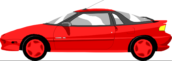 The image shows a red sports car with white wheels parked on an unseen surface under what appears to be clear skies.