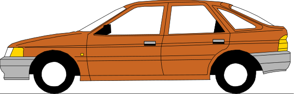 The image shows a red car parked next to another identical orange vehicle on what appears to be an empty road with no visible surroundings.