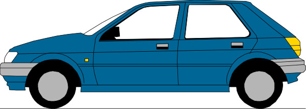 The image shows a blue car on top of an asphalt surface with white lines indicating lanes for driving.