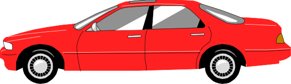 The image shows a red car with white wheels parked next to another identical vehicle on what appears to be an overcast day in front of a gray building under clear skies.