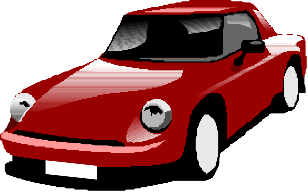 The image shows a red sports car with white wheels on its sides against a black background; there is no text present within this small clip-art picture.
