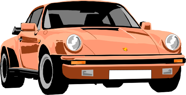The image shows a vibrant orange Porsche sports car with black tires on an asphalt surface against a dark background.