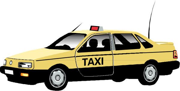 The image shows a yellow taxi cab with an open door parked next to it on what appears to be a city street at nighttime.
