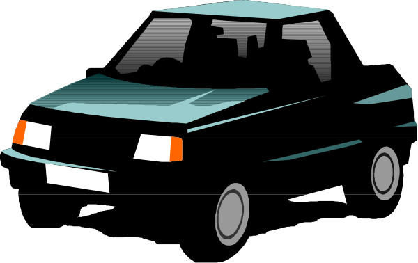 The image shows a cartoon car with two doors parked on an unseen surface at nighttime against a dark background.
