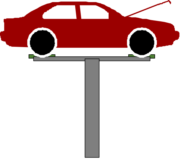 The image shows a red car on top of an elevated platform with wheels visible underneath it against a black background.