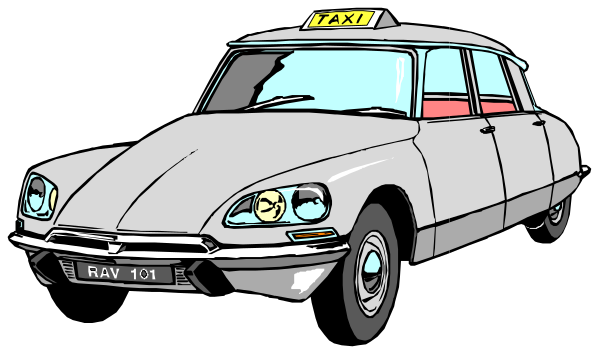 The illustration shows two vintage cars parked side by side with a taxi sign on top of each car; both vehicles have round headlights and appear to be stationary in an urban environment under nighttime conditions.