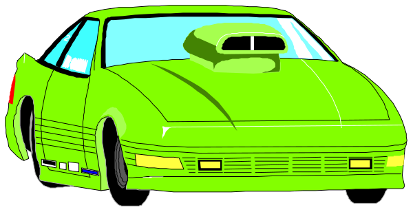 The image shows a green car with two spoilers on top of it parked next to an unidentified person standing beside it in what appears to be a dark environment.