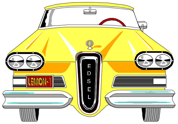 The image shows a yellow classic car with chrome details parked on an unseen surface; it has round headlights, two doors visible in front of each other, and is adorned with various badges including one that reads "Edsel."