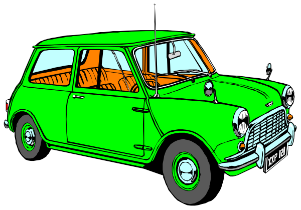 The image shows a green vintage car with white wheels parked on an unseen surface under what appears to be overcast skies.