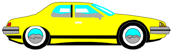 The image shows a yellow car with black tires on it parked next to an empty roadway under clear skies during daylight hours.