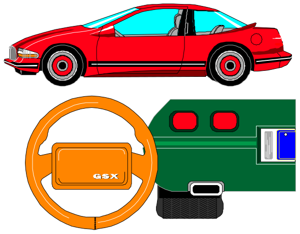 The image shows a collection of four distinct items: on top left there's an orange car; below it is a green vehicle with red wheels that resembles a golf cart; in the bottom right corner, we see two steering wheel covers - one black and white checkered patterned like a tire tread design, and another solid blue cover.