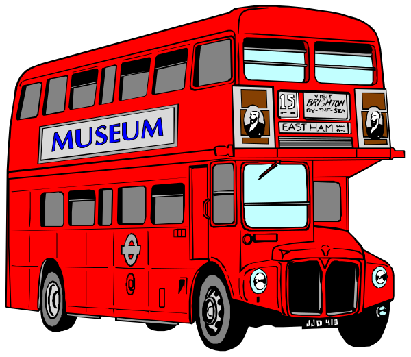 The image shows a red double decker bus with "MUSEUM" written on its side parked next to another similar vehicle in front of it that is partially obscured by the first one; both vehicles have white lettering and appear to be stationary, possibly at an event or exhibition related to museums.