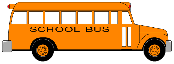 The image shows a school bus with text on it that reads "SCHOOL BUS" parked next to an orange cone in front of what appears to be a building labeled as such.