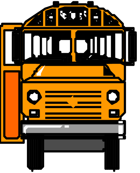 The image shows a pixelated depiction of an orange school bus with windows on its side parked against what appears to be a gray background.