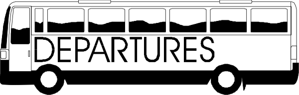 The black and white illustration shows a bus with text that reads "DEPARTURES" on its side parked next to an unseen roadway at nighttime under clear skies.
