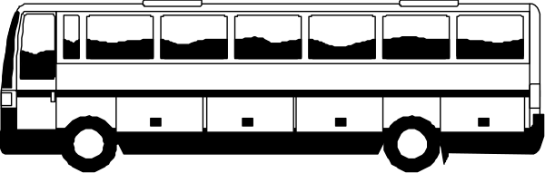The black and white illustration shows a bus on wheels with windows along its side parked next to what appears to be an empty roadway in front of it under clear skies.