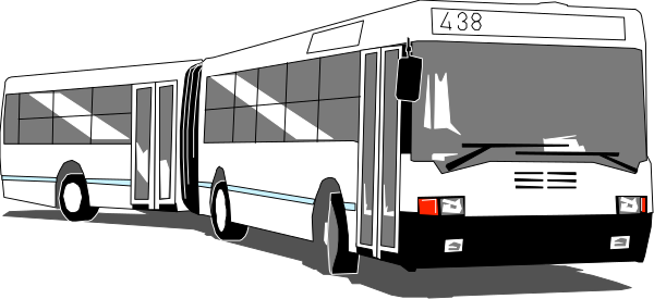 The black and white illustration shows a city bus on its route with two other transit vehicles behind it against an urban background featuring buildings and trees under clear skies.