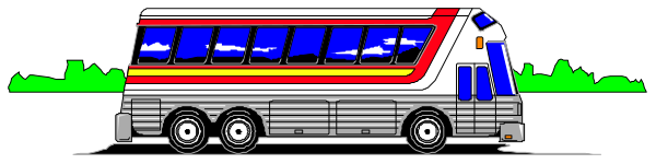 The image shows a bus with red stripes on its side parked next to what appears to be an outdoor area at nighttime.