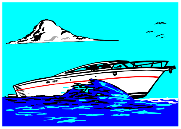 The image shows a boat on water with waves around it; there's also an island visible at some distance from the ship in the background of one panel.