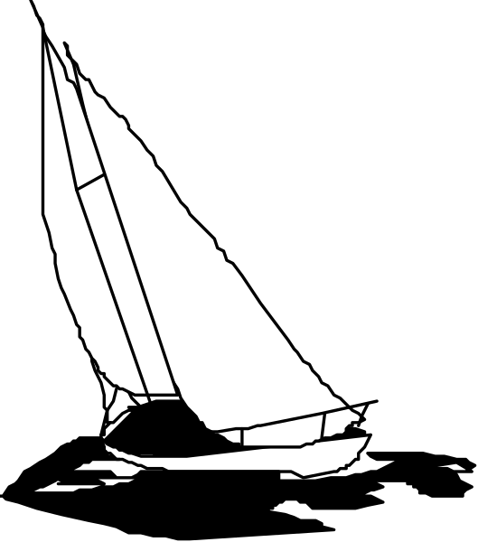 The black and white illustration shows a sailboat with its sails down against an open sky background.