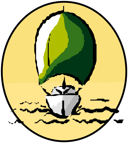 The image shows a cartoon depiction of an open sailboat with its sails down on calm water under what appears to be clear skies.