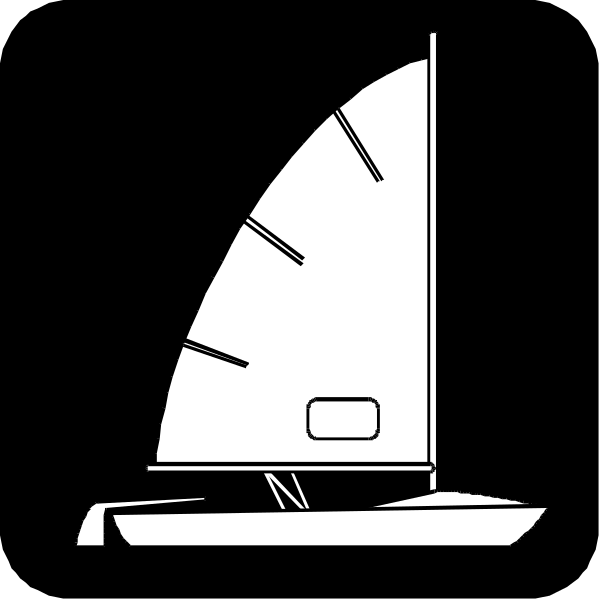 The black and white illustration shows a sailboat with its sails down against an open sky background.
