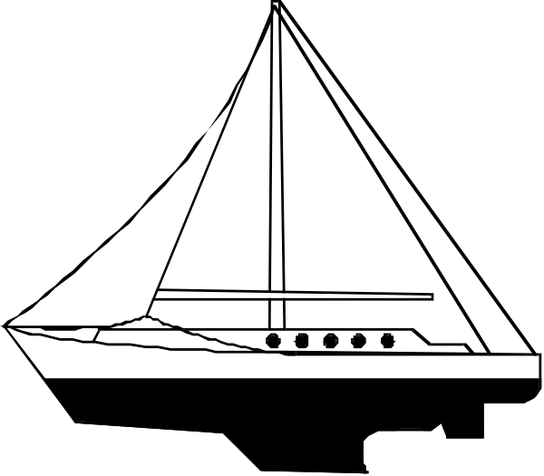 The black and white illustration shows a sailboat with two masts on water against an evening sky background.