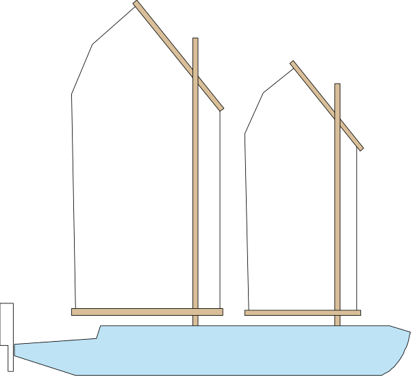 The black and white illustration shows a boat with two sails on water next to silhouettes of buildings that resemble barns in an outdoor scene at nighttime.