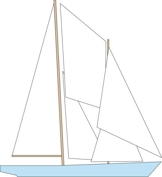 The image shows a simple line drawing of an old sailboat on water with sails down against a dark background.