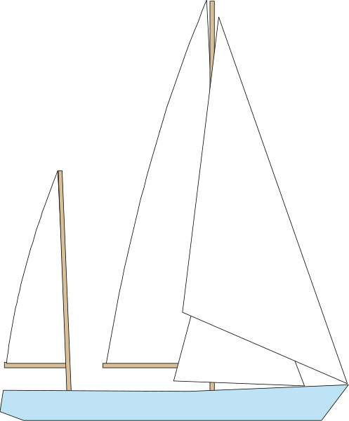 The black and white illustration shows a sailboat with two sails on water against an evening sky background.