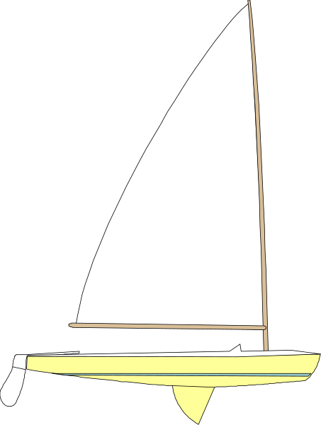 The black and white illustration shows a sailboat with its sails down on calm water against an overcast sky background.
