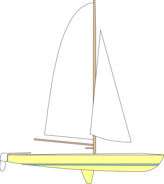 The black and white illustration shows a sailboat with two sails on water against a dark background.