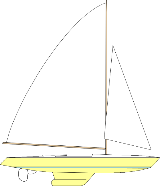 The image shows a simple line drawing of an open sailboat with no sails on it against a black background.