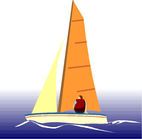 The picture shows a sailboat with two sails on water under blue sky; there is no person visible inside boat but someone sitting in front of it looking towards camera from shoreline.