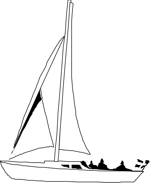 The black and white silhouette of a sailboat on water with two sails up against an evening sky background.