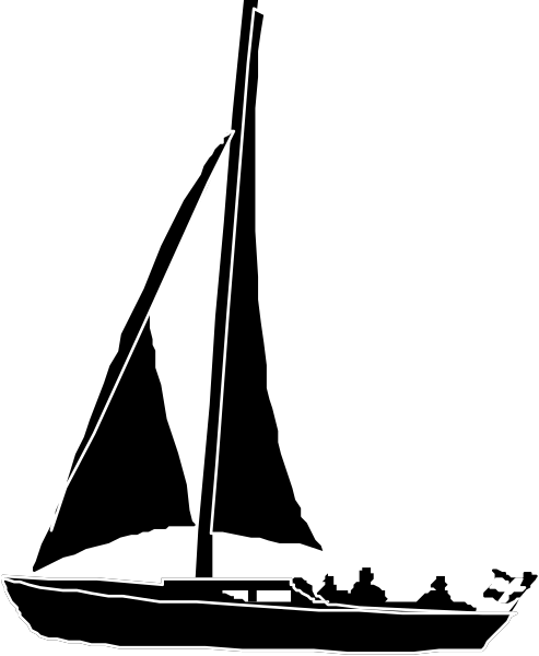 The black and white silhouette of a sailboat on water with sails down.