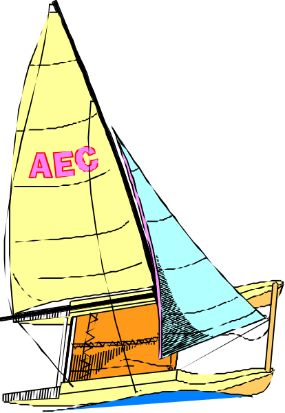 The image shows a cartoon sailboat with an "aec" logo on it floating over water against a dark background.