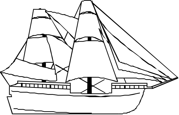 The black and white illustration shows a sailboat with three masts on water against an evening sky background.