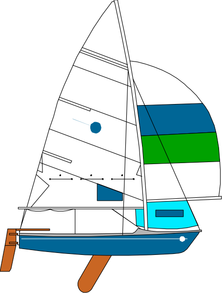 The image shows a simple line drawing of an illustrated sailboat with sails down on water against a black background.