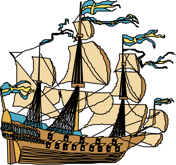 The image shows a stylized illustration of an old sailing ship with multiple masts against a dark background featuring flags on poles atop each mast.