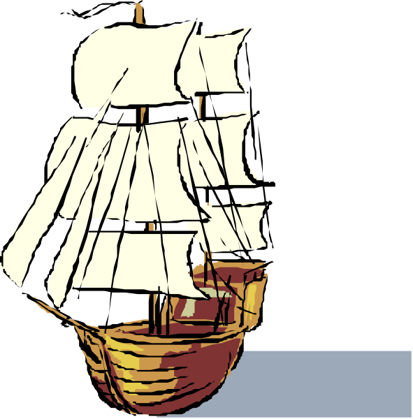The image shows two different illustrations of a ship with sails against contrasting backgrounds: black for the first half and blue for the second half.
