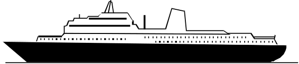 The black and white silhouette of a cruise ship on water with no visible details about its size or features other than being large enough to be considered "cruise" sized.