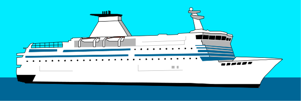The image shows a large cruise ship on water with another smaller boat nearby under blue sky.